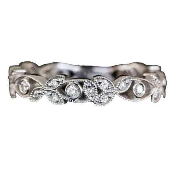 VINTAGE STYLE PLATINUM G-H VS DIAMOND WEDDING BAND FILIGREE FLORAL ART DECO RING - Picture 3 of 5